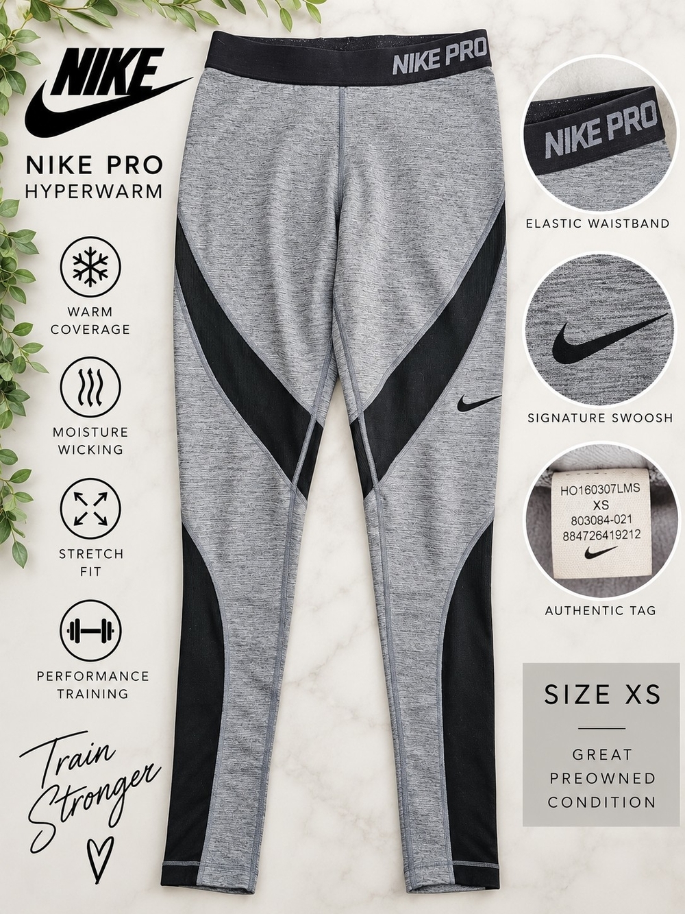 Nike Pro Hyperwarm Training Leggings Gray Black Size XS